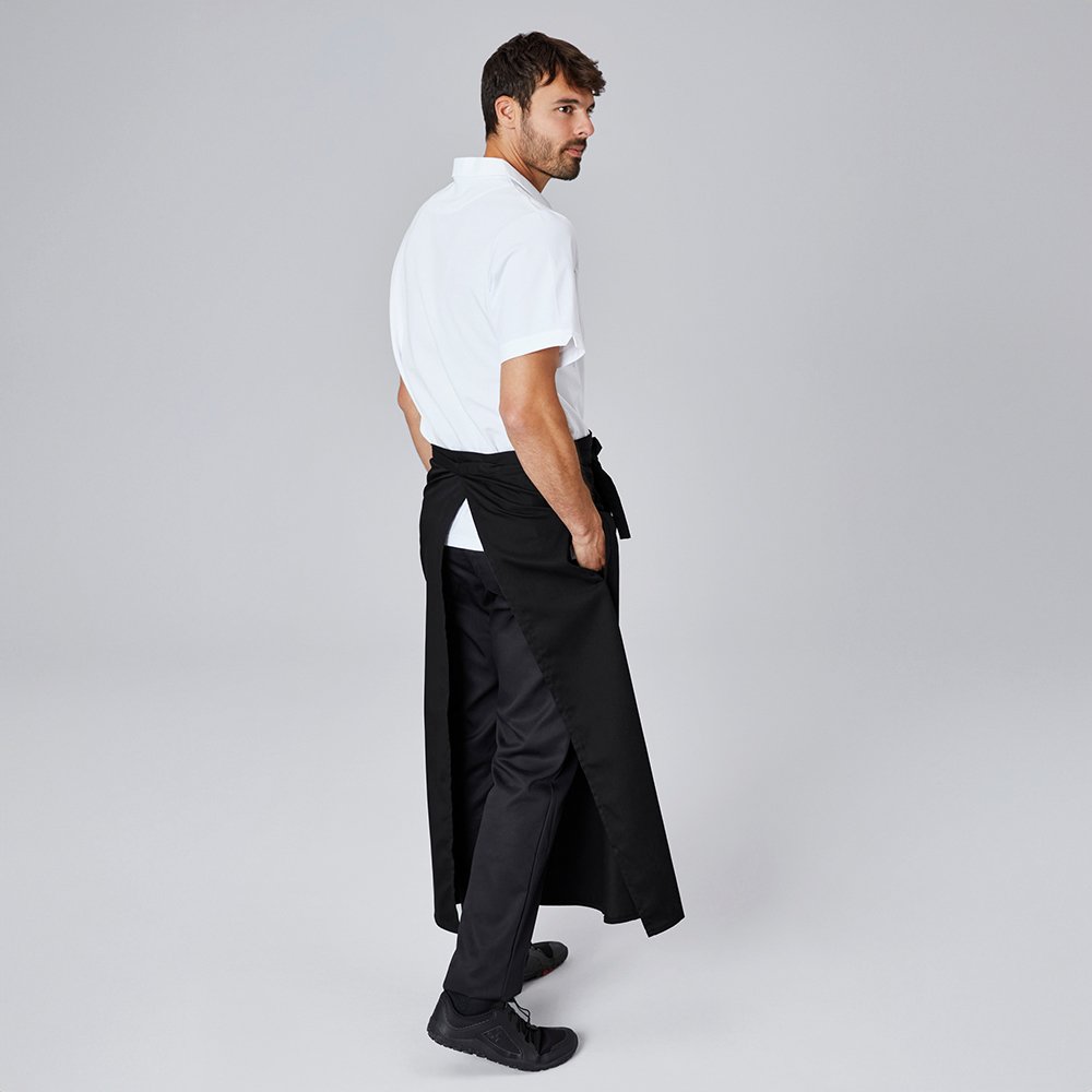 Bistroschürze mit Durchgriff und durchgehenden Stoffbändern.