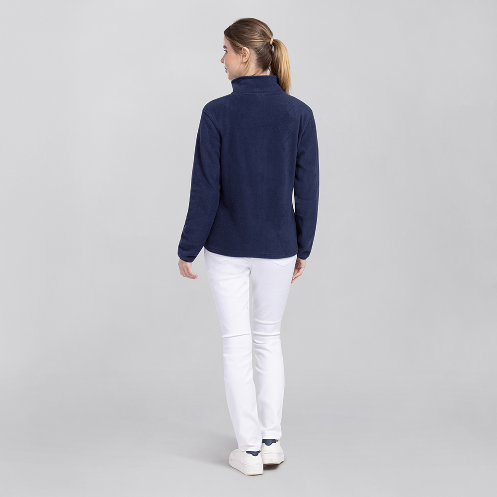 Damenfleecejacke-Rückansicht,mit hohem Kragen,und Taliert -geschnitten.