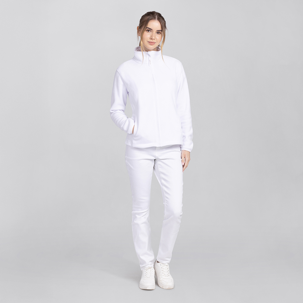 Damenfleecejacke-Komplettansicht,mit durchgehenden Reissverschluss und 2 Seitentaschen.