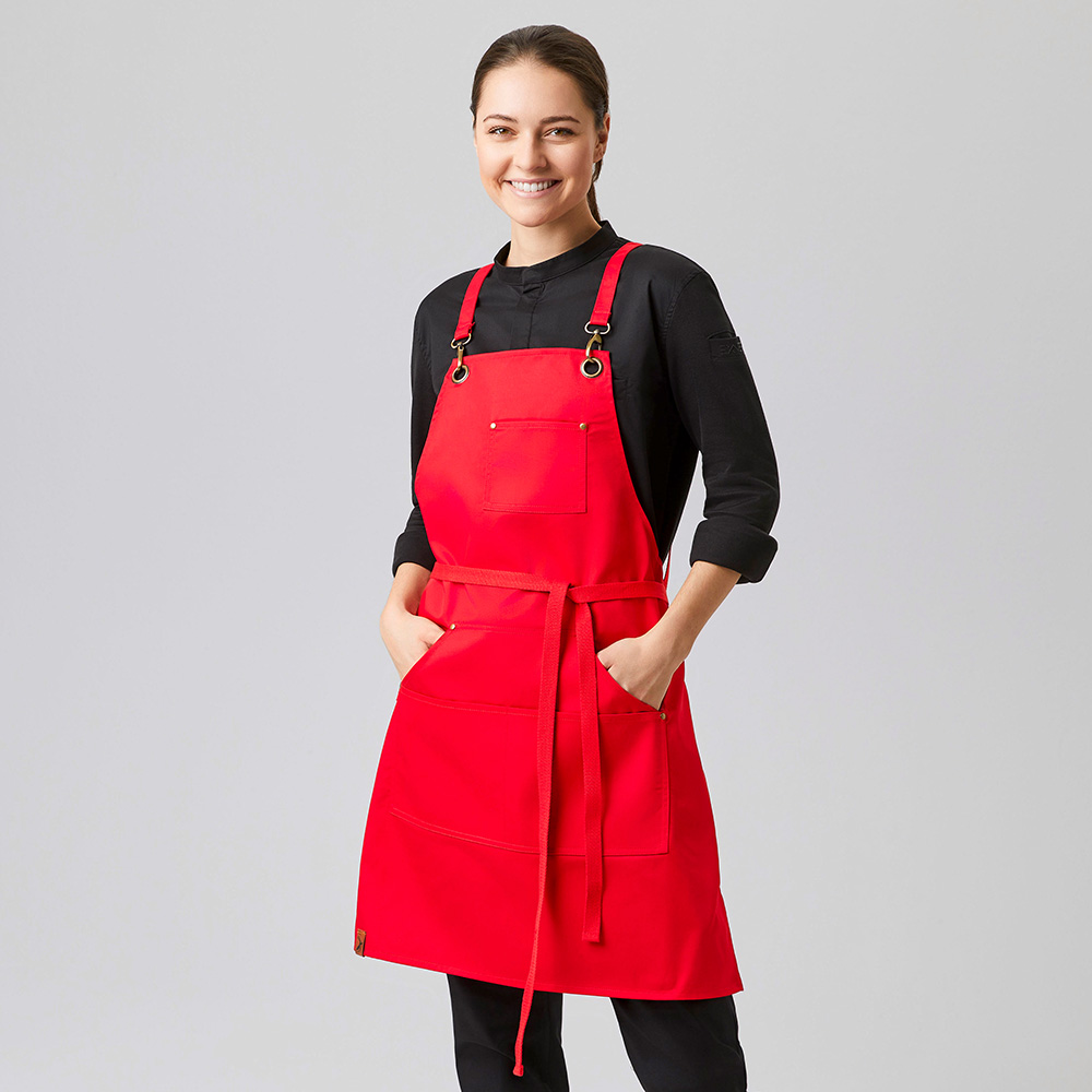 Klassische Latzschürze mit austauschbaren Stoffbändern.