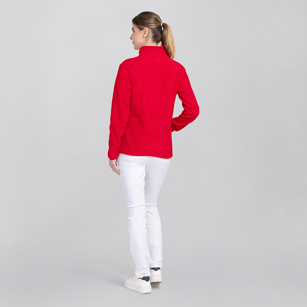 Damenfleecejacke-Rückseite,mit hohen Kragen,taliert geschnitten.