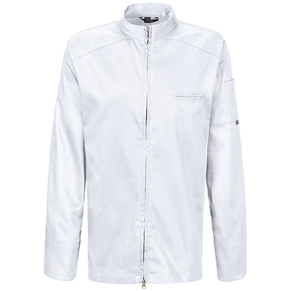 Langarm.Zwei-Wege-Reißverschluss aus Metall. Trapezform. Stehkragen.