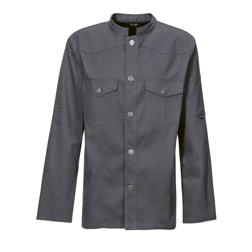 LangarmTrapezform1-reihige Druckknopfleiste,2 aufgesetzte BrusttaschenStehkragen1 Armtasche.