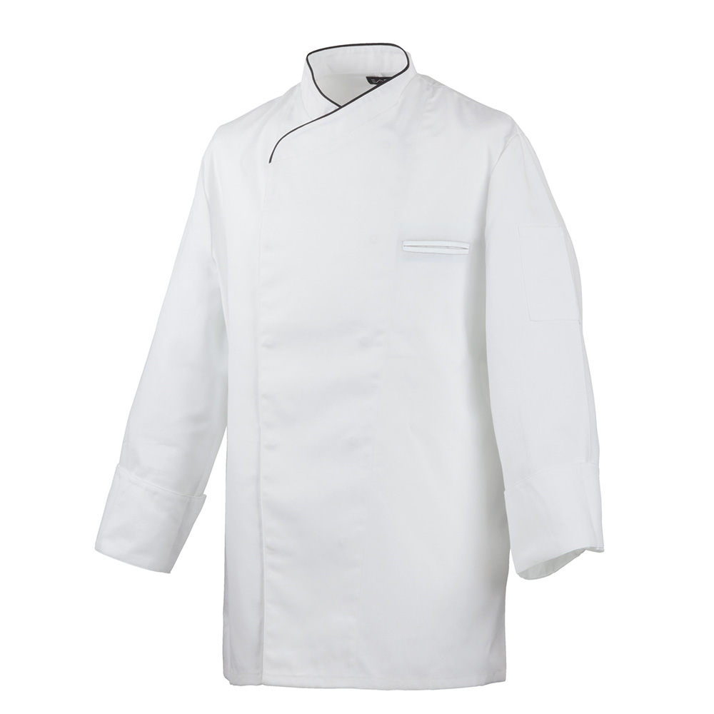 Langarm. Verdeckte Knopfleiste mit Druckknöpfen. Trapezform. Ärmel mit doppeltem Umschlag.