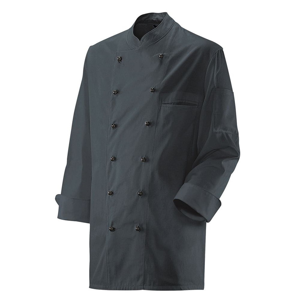 Langarm. 2-reihig. 6-Loch-Knopfreihe. Trapezform. Stehkragen. Ärmel mit doppeltem Umschlag.