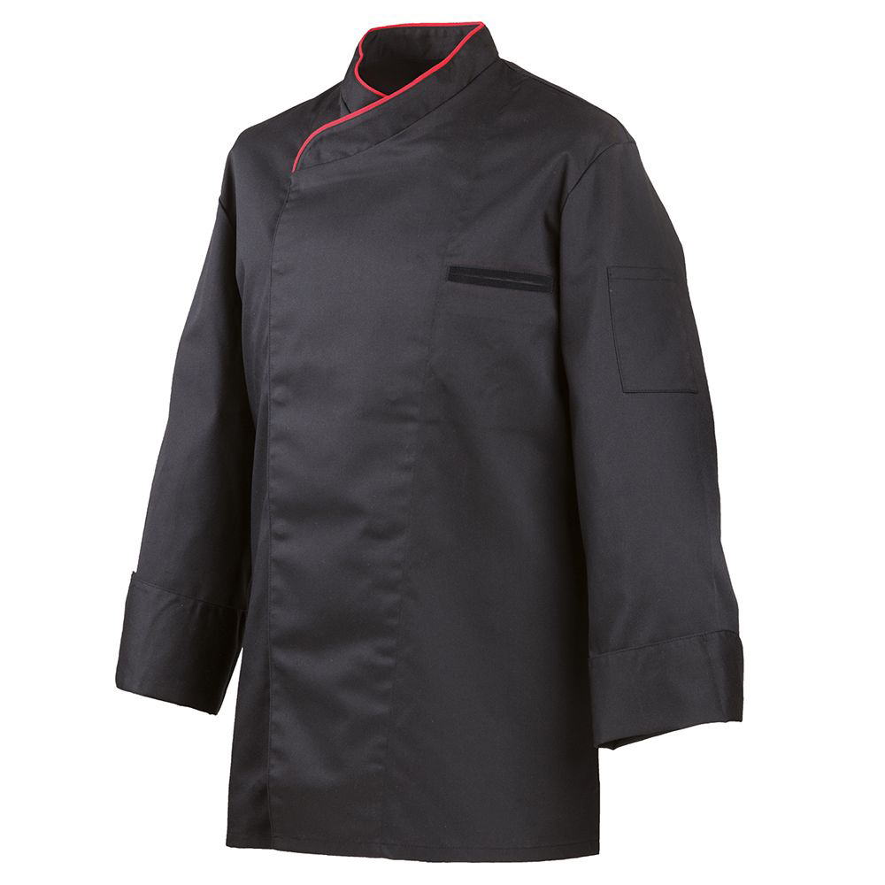 Langarm. Verdeckte Knopfleiste mit Druckknöpfen. Trapezform. Ärmel mit doppeltem Umschlag. innenlieg