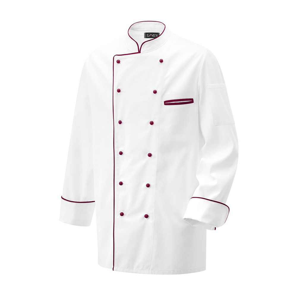 Langarm.2-reihig. 6-Loch-Knopfreihe. Trapezform. Stehkragen, Manschette, Paspelierung in Kontrastfar