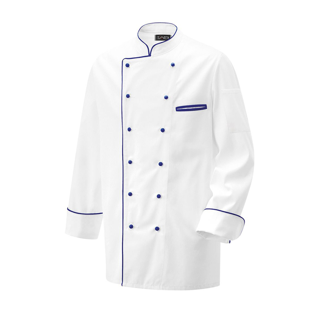 Langarm.2-reihig. 6-Loch-Knopfreihe. Trapezform. Stehkragen, Manschette, Paspelierung in Kontrastfar