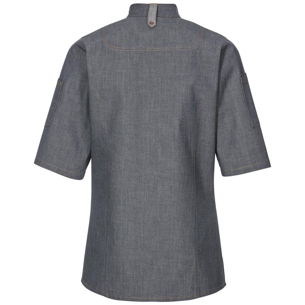 Rückansicht,von der Kochjacke halbarm,Leicht tailliert geschnittenStehkragen.