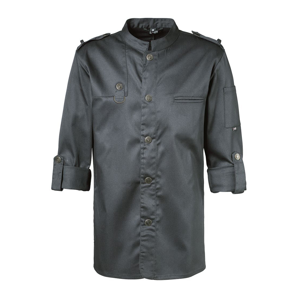 Langarm1-reihige DruckknopfleisteTrapezformÄrmel mittels Lasche zum HochbindenSchulterklappen.