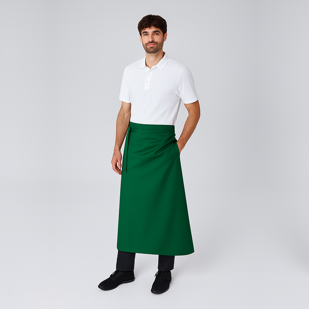 Bistroschürze mit Durchgriff und durchgehenden Stoffbändern.