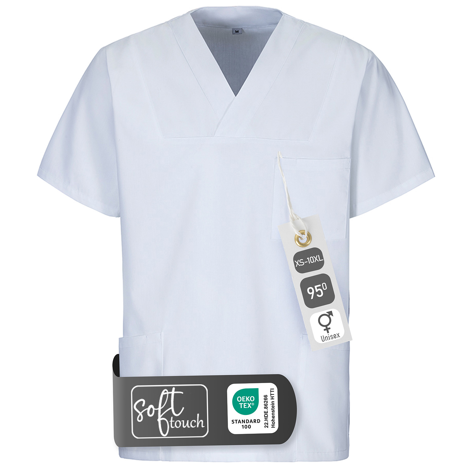 Kasack frontansicht, V ausschnitt, Brusttasche, zwei Seitentaschen, Unisex, bis 10xl, Soft touch