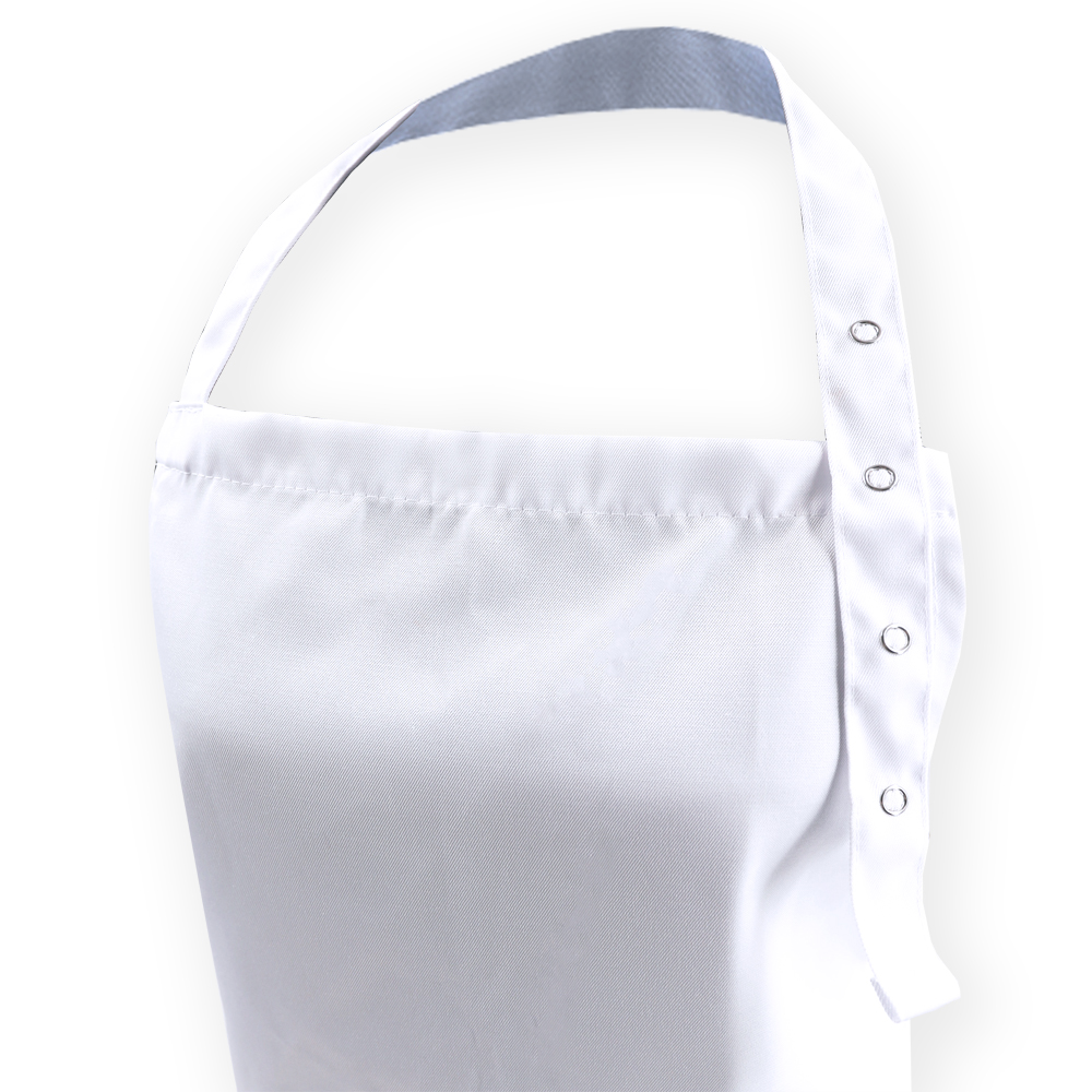 Klassische Latzschürze mit Stoffbändern. Nackenband mit 4 Druckknöpfen verstellbar.