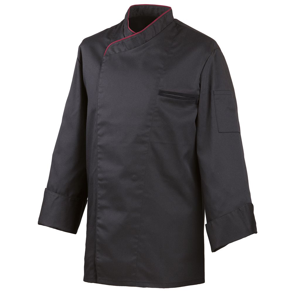 Langarm. Verdeckte Knopfleiste mit Druckknöpfen. Trapezform. Ärmel mit doppeltem Umschlag.