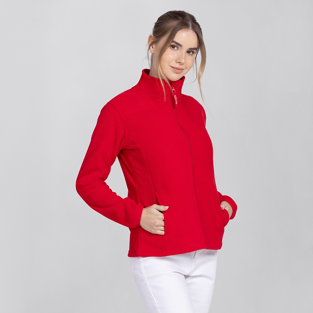 Damenfleecejacke,Komplettansicht,auf Taile geschnitten, mit Reissverschluss und 2 Seitentaschen,