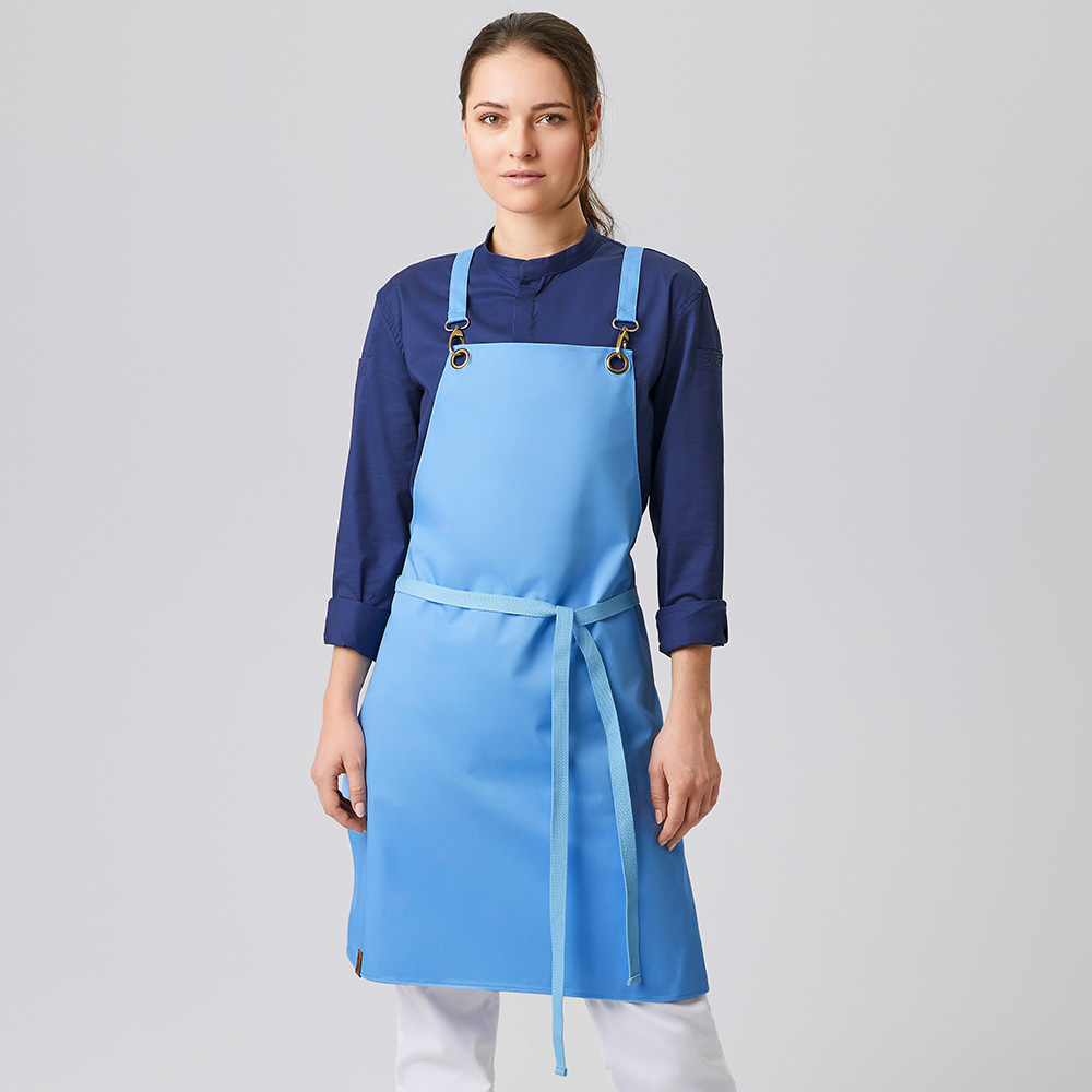 Klassische Latzschürze mit austauschbaren Stoffbändern.Metall-Ösen am Latz.