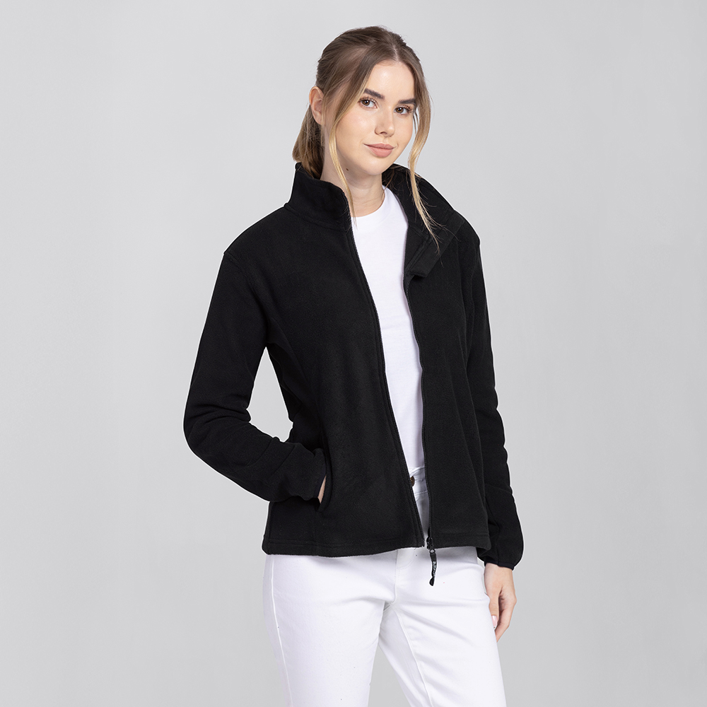 Damenfleecejacke-offeneansicht mit hohem Kragen,und Reissverschluss.