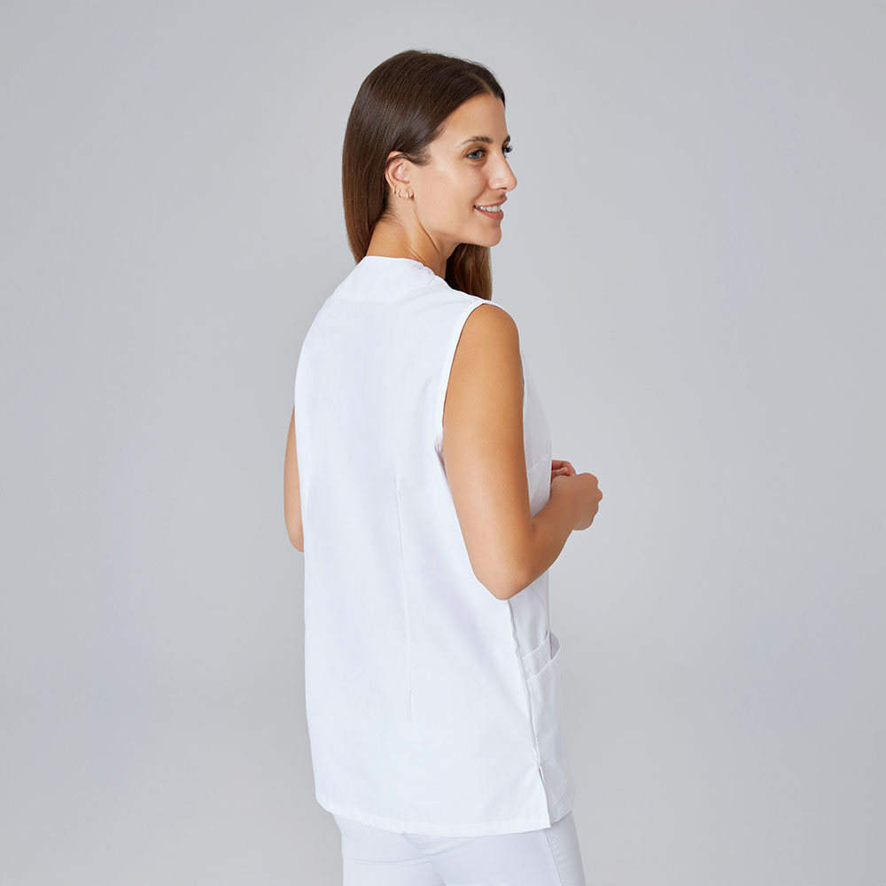 Seitlicheansicht,aufgesetzte Seitentaschen Ärmellosen-Kasack.