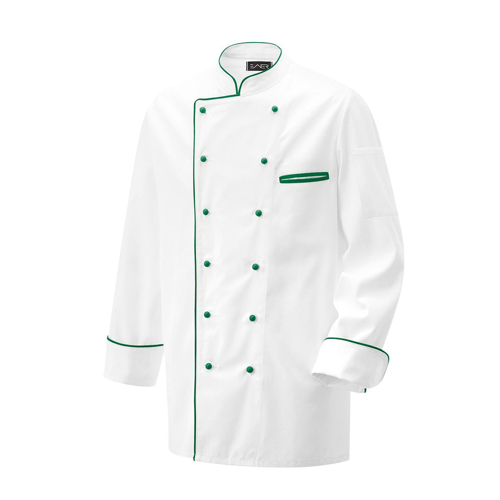 Langarm.2-reihig. 6-Loch-Knopfreihe. Trapezform. Stehkragen, Manschette, Paspelierung in Kontrastfar