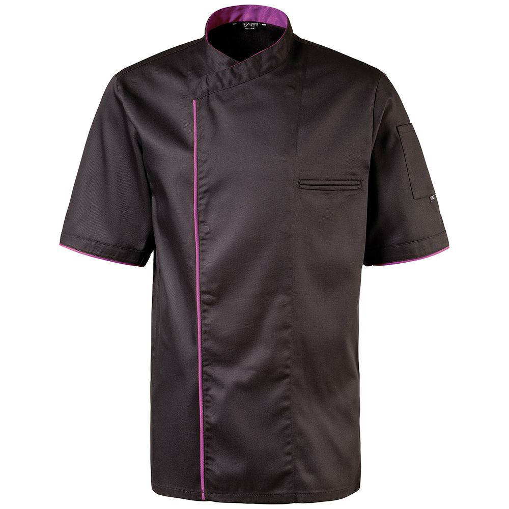 Halbarm. 2-reihige Druckknopfleiste. Trapezform. Stehkragen.