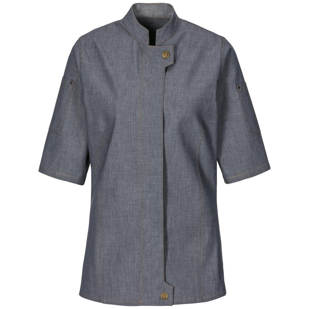 Rückansicht,von der Kochjacke halbarm,Leicht tailliert geschnittenStehkragen.