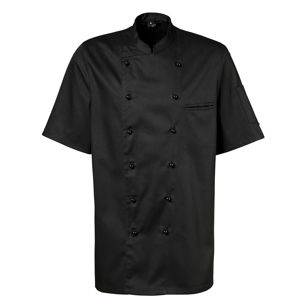 Halbarm. 2-reihig. 6-Loch-Knopfreihe. Trapezform. Stehkragen. Innenliegende Brustleistentasche.