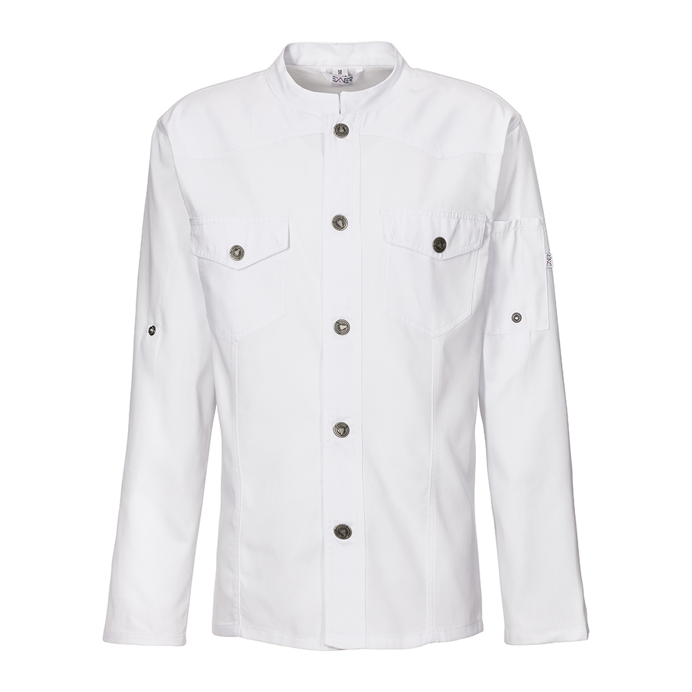 LangarmTrapezform1-reihige Druckknopfleiste,2 aufgesetzte BrusttaschenStehkragen1 Armtasche.