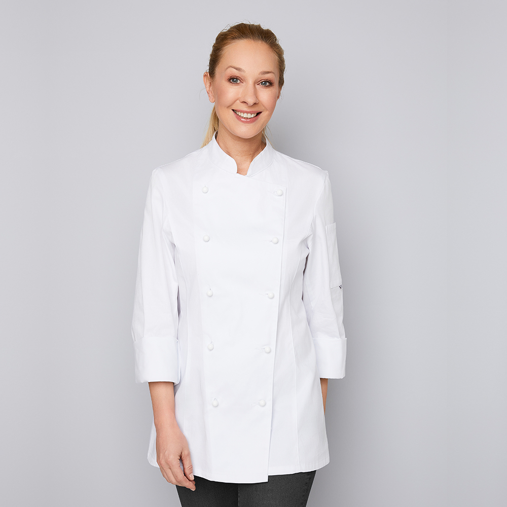 Langarm.2-reihig.5-Loch-Knopfreihe.Leicht tailliert geschnittenÄrmel mit doppeltem Umschlag.Stehkrag