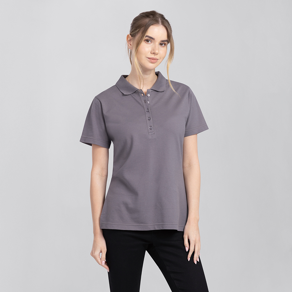 Poloshirt-Damen,Komplettansicht ,Knopfleiste mit 5 gleichfarbigen KnöpfenKurze Ärmel.