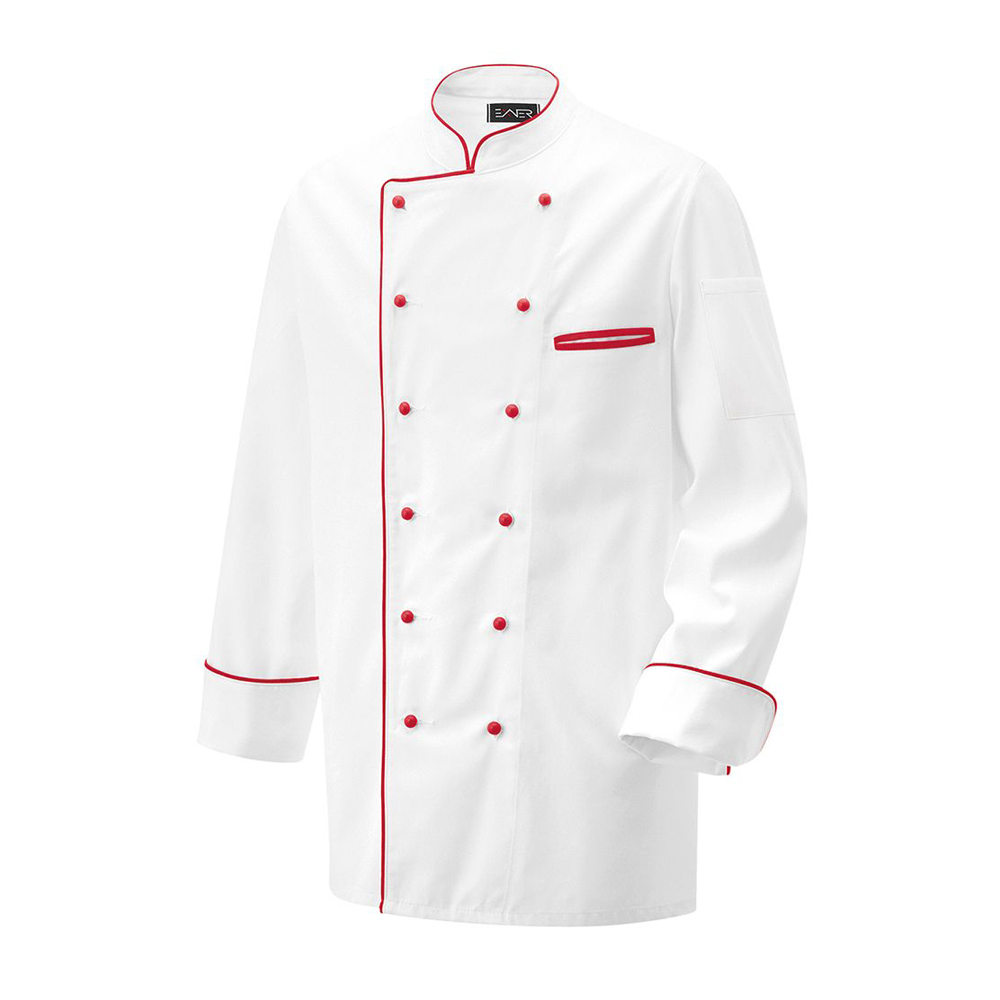 Langarm.2-reihig. 6-Loch-Knopfreihe. Trapezform. Stehkragen, Manschette, Paspelierung in Kontrastfar