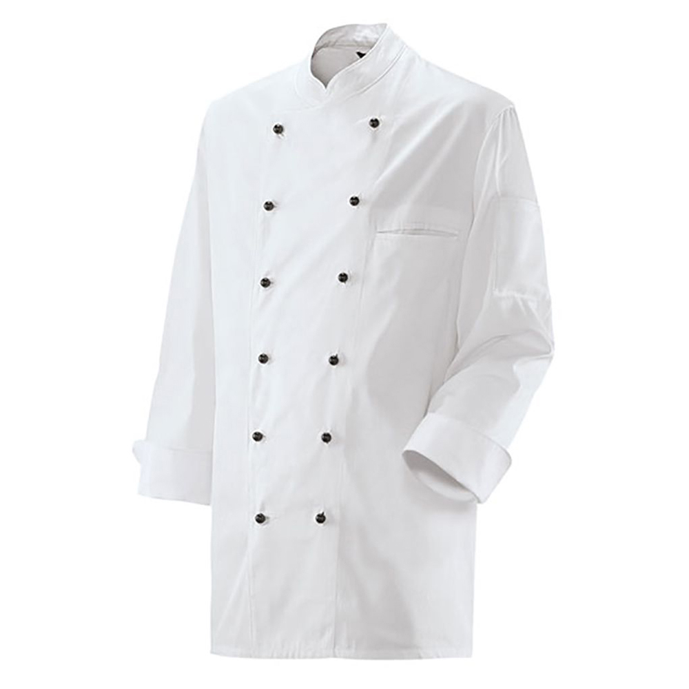 Langarm. 2-reihig. 6-Loch-Knopfreihe. Trapezform. Stehkragen. Ärmel mit doppeltem Umschlag.