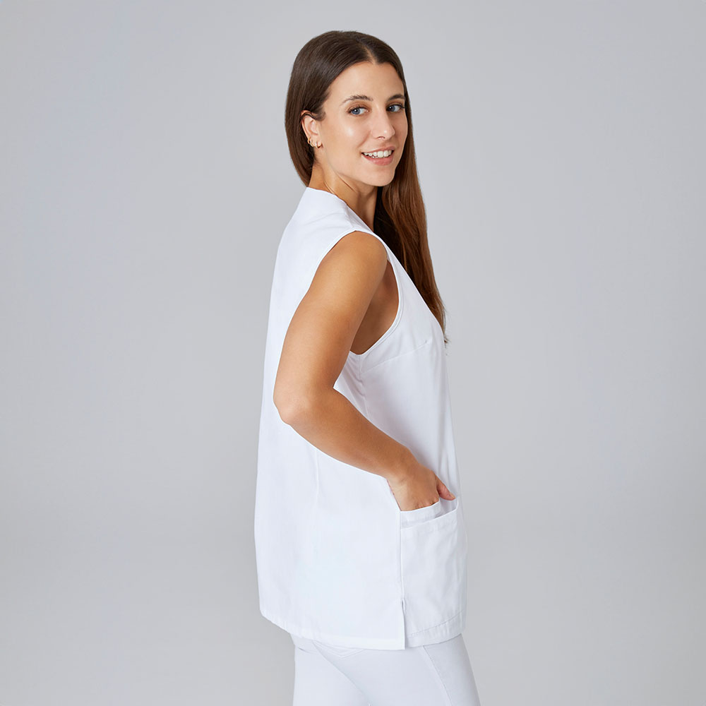 seitlicheansicht von den aufgestezten Taschen,armelloser-Kasack.