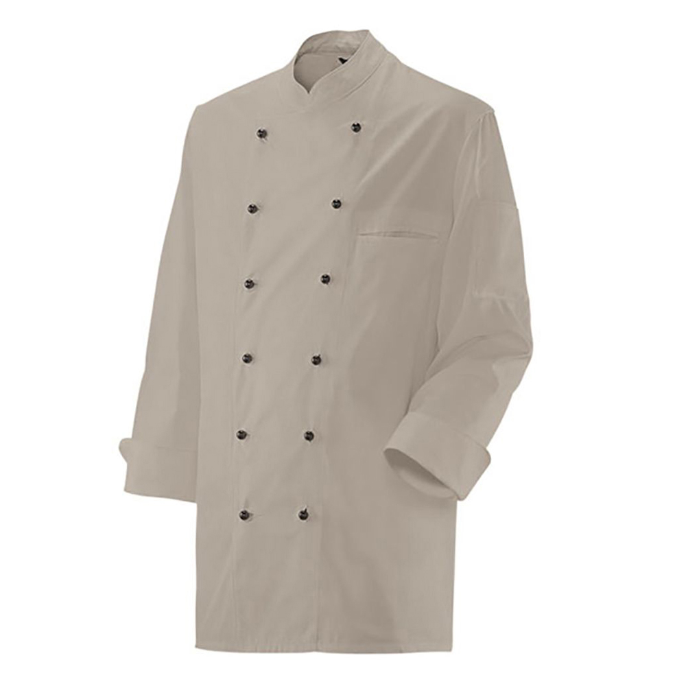 Langarm. 2-reihig. 6-Loch-Knopfreihe. Trapezform. Stehkragen. Ärmel mit doppeltem Umschlag.