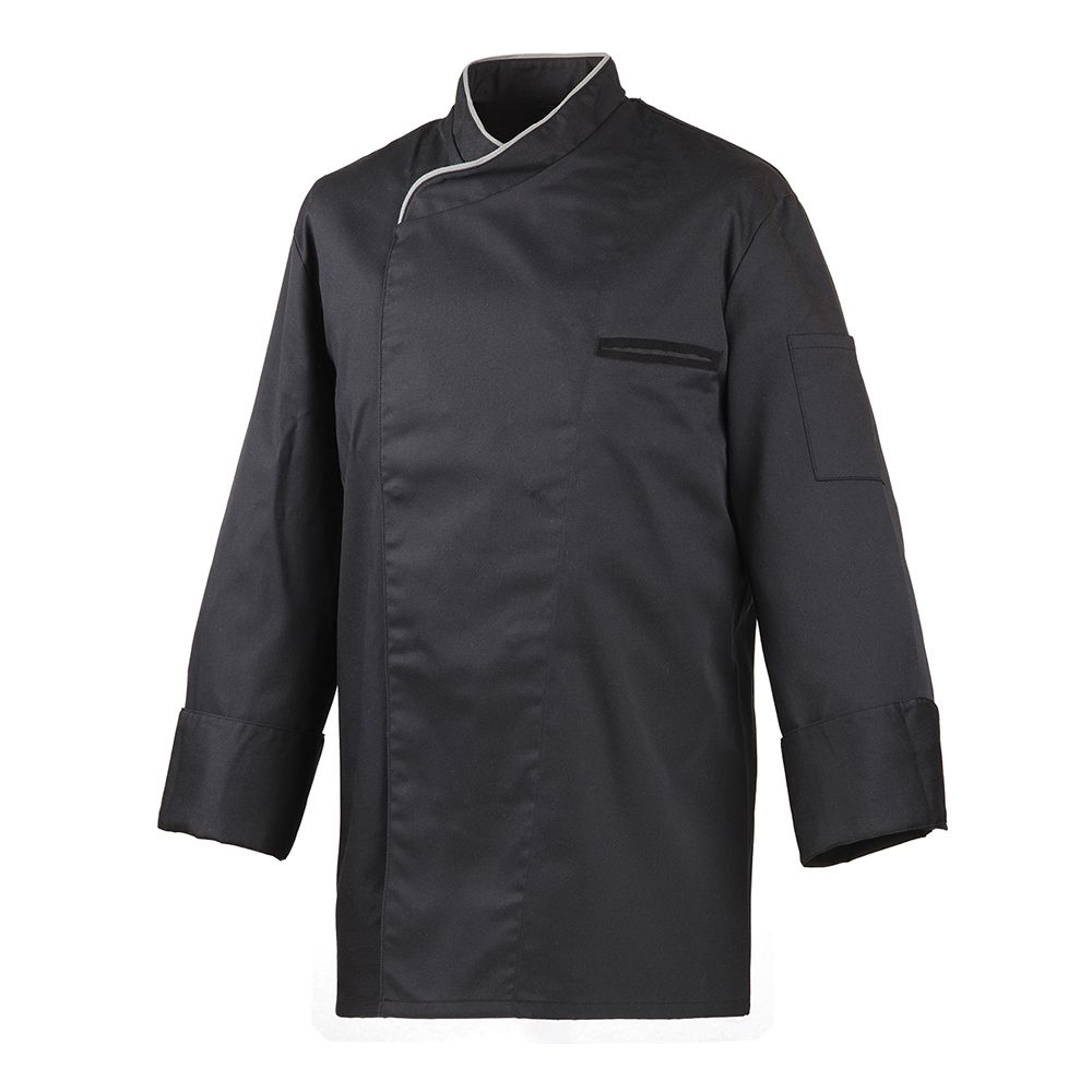 Langarm. Verdeckte Knopfleiste mit Druckknöpfen. Trapezform. Ärmel mit doppeltem Umschlag.