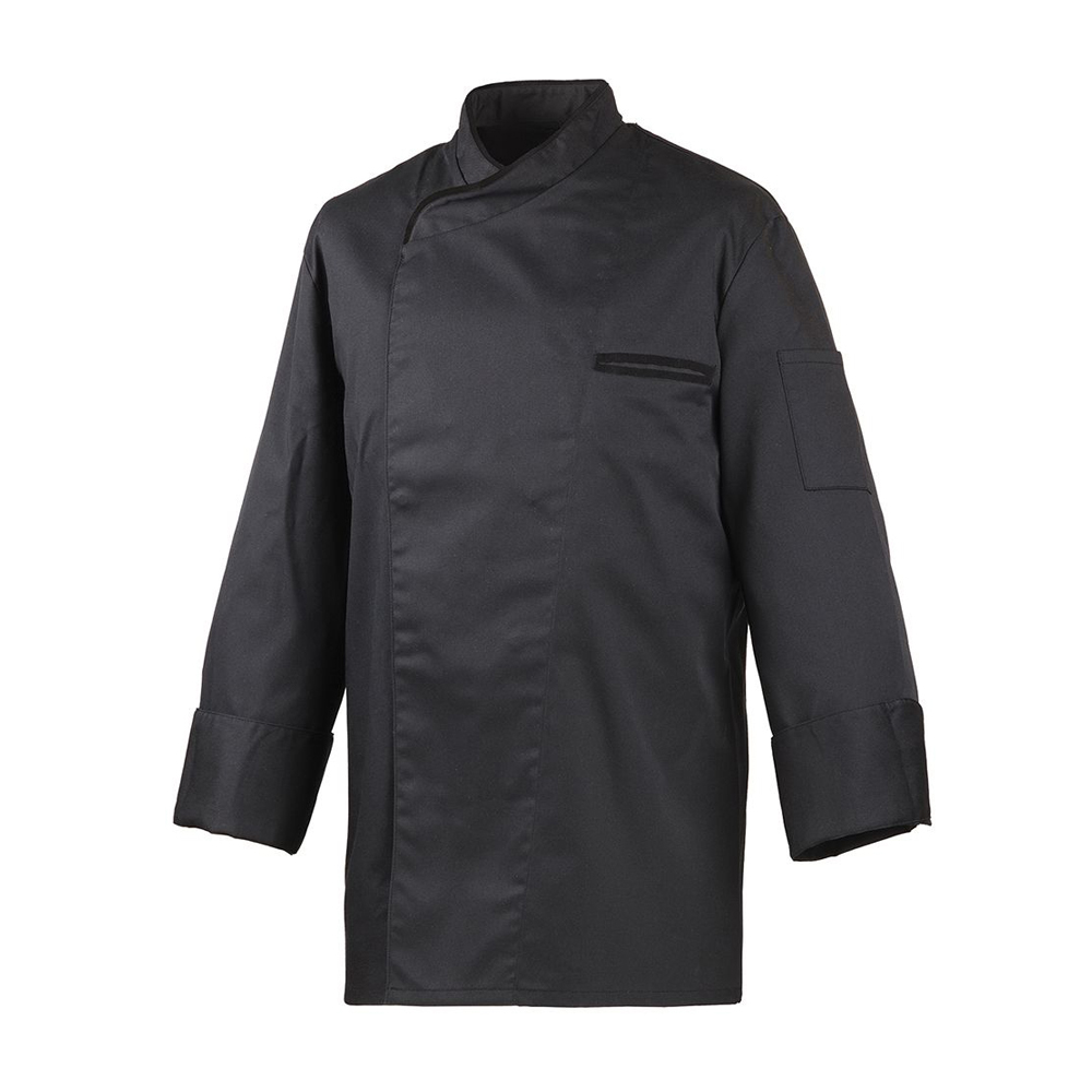 Langarm.verdeckte Knopfleiste mit Druckknöpfen.Trapezform.Ärmel mit doppeltem Umschlag.