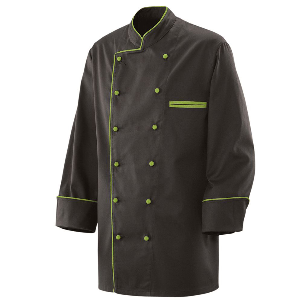 Langarm. 2-reihig. 6-Loch-Knopfreihe. Trapezform, Stehkragen. Ärmel mit doppeltem Umschlag. Innenlie