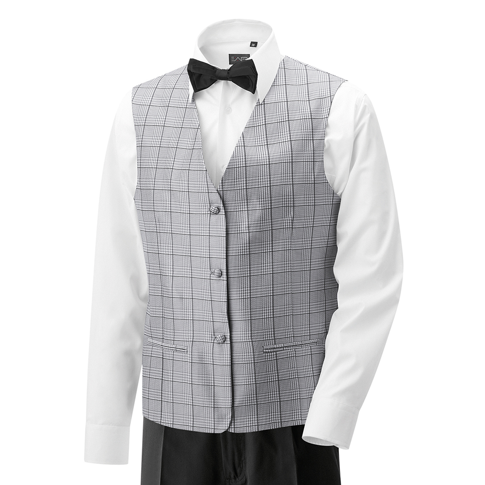 Herren-Weste,Schwarz-grau-kariert,mit 1-reihige.3-Kopfleiste,und 2 aufgesetzte Seitentaschen.