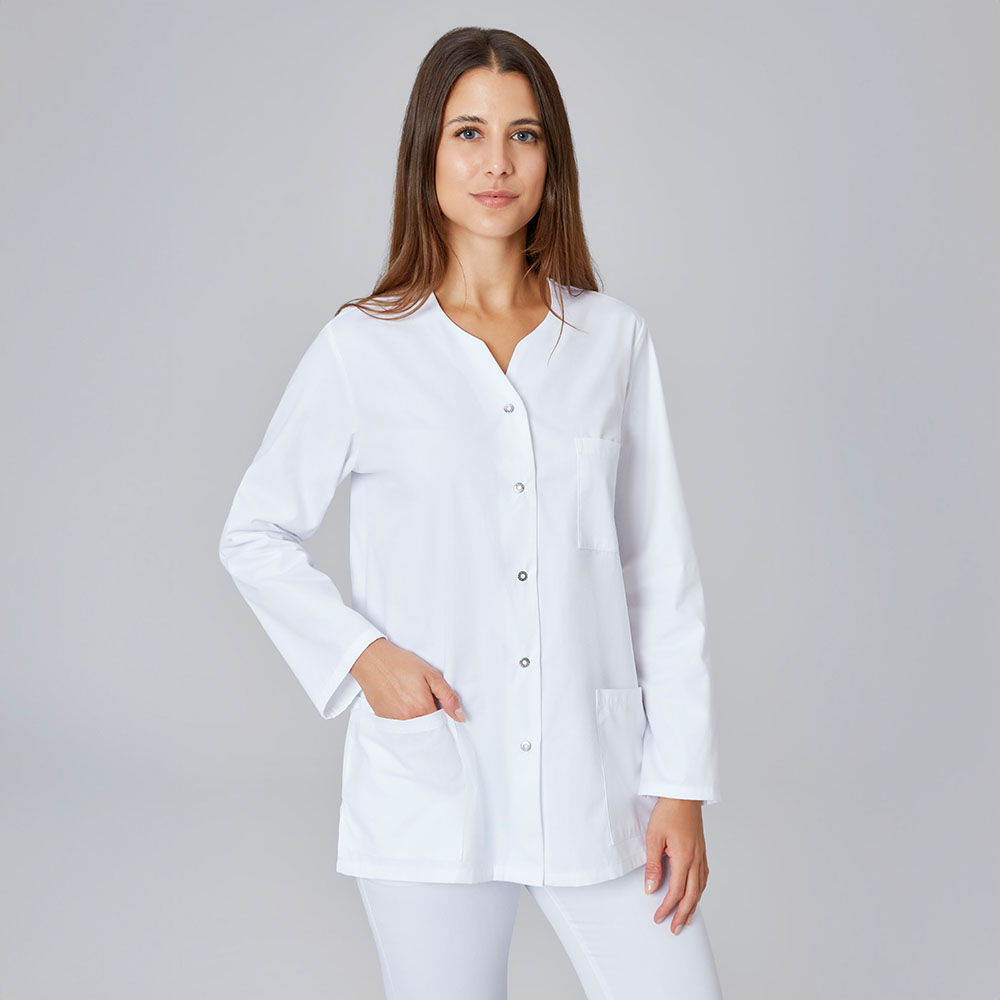 Weisser damen kasack mit deko knopfleiste und 2 Seitentaschen und 1 Brusttasche