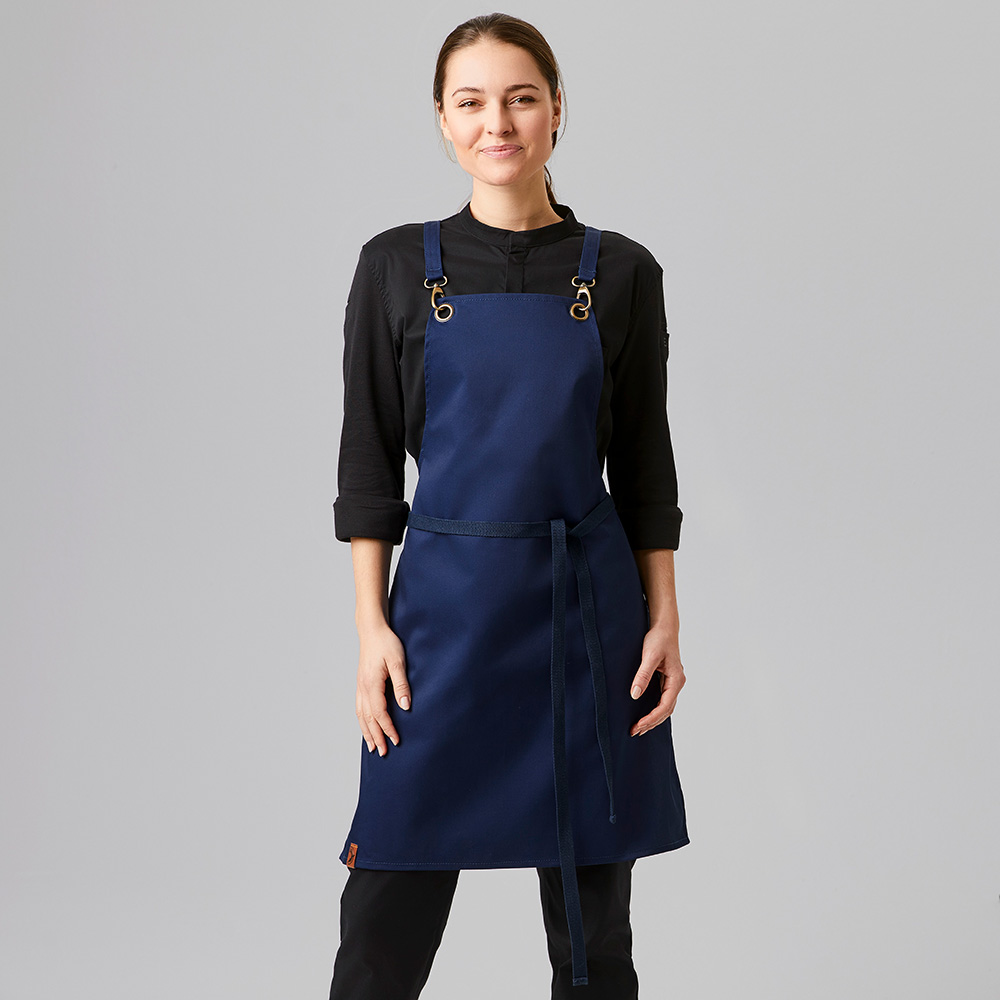 Klassische Latzschürze mit austauschbaren Stoffbändern.Metall-Ösen am Latz.