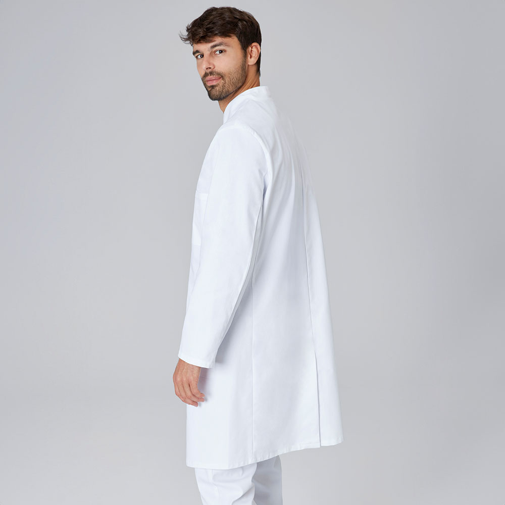 Herrenkittel,langarm Seitenansicht mit Gehschlitz.