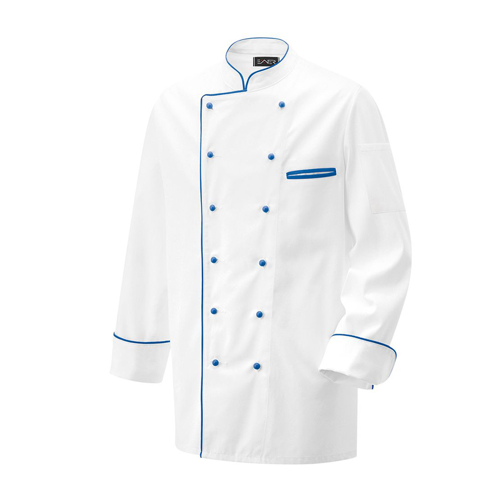 Langarm.2-reihig. 6-Loch-Knopfreihe. Trapezform. Stehkragen, Manschette, Paspelierung in Kontrastfar