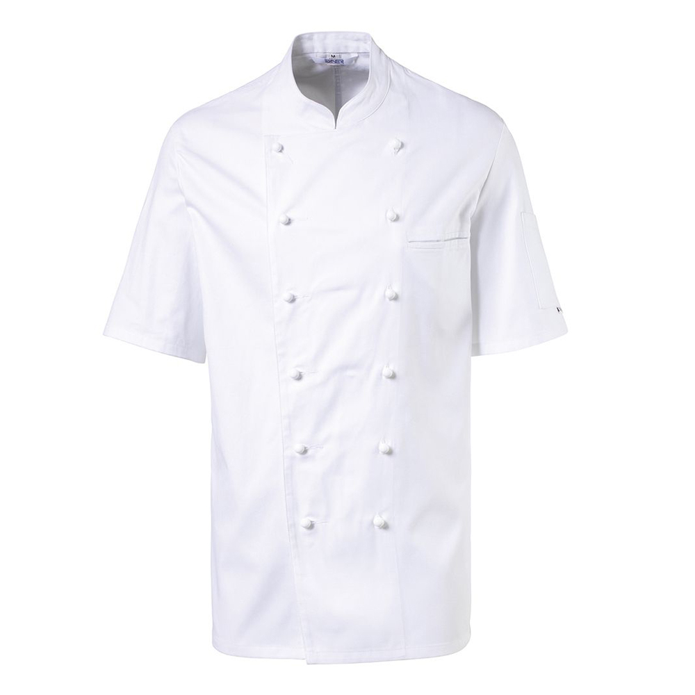 Halbarm. 2-reihig. 6-Loch-Knopfreihe. Trapezform. Stehkragen. Innenliegende Brustleistentasche.