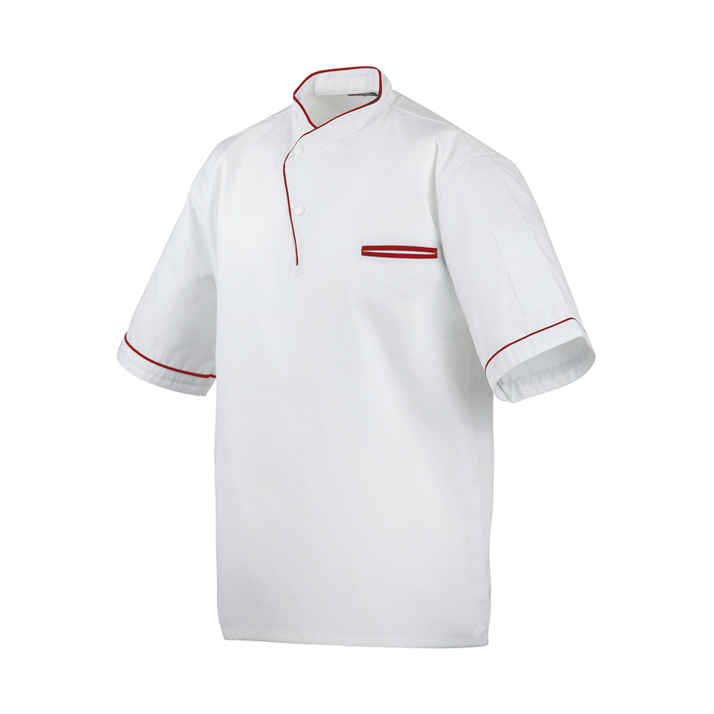 Halbarm.Mit zwei asymmetrischen Druckknöpfen. Stehkragen und Ärmelabschluss mit Paspelierung in Kont