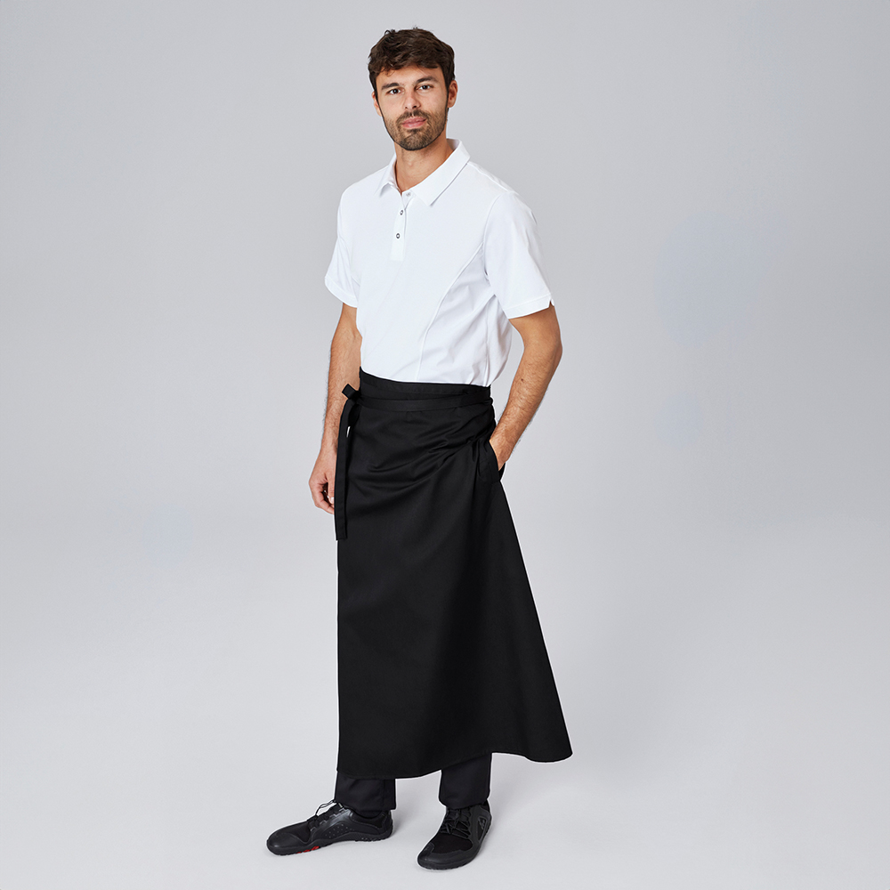 Bistroschürze mit Durchgriff und durchgehenden Stoffbändern.