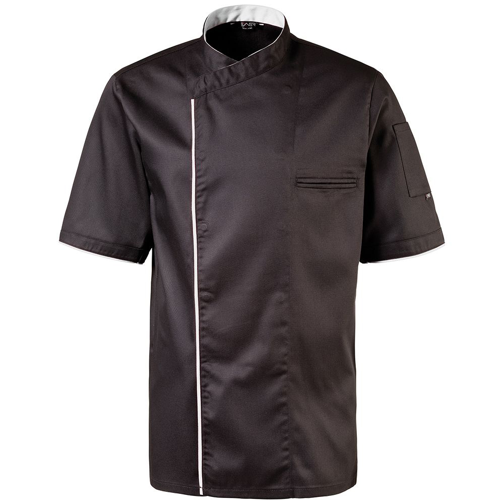 Halbarm. 2-reihige Druckknopfleiste. Trapezform. Stehkragen.