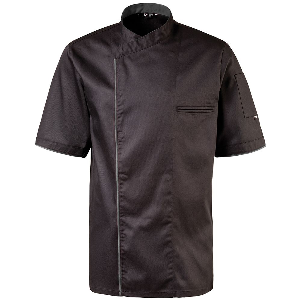 Halbarm. 2-reihige Druckknopfleiste. Trapezform. Stehkragen.