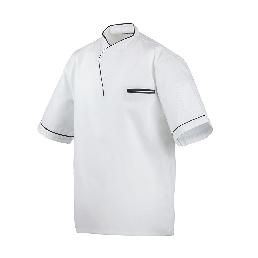 Halbarm.Mit zwei asymmetrischen Druckknöpfen. Stehkragen und Ärmelabschluss mit Paspelierung.