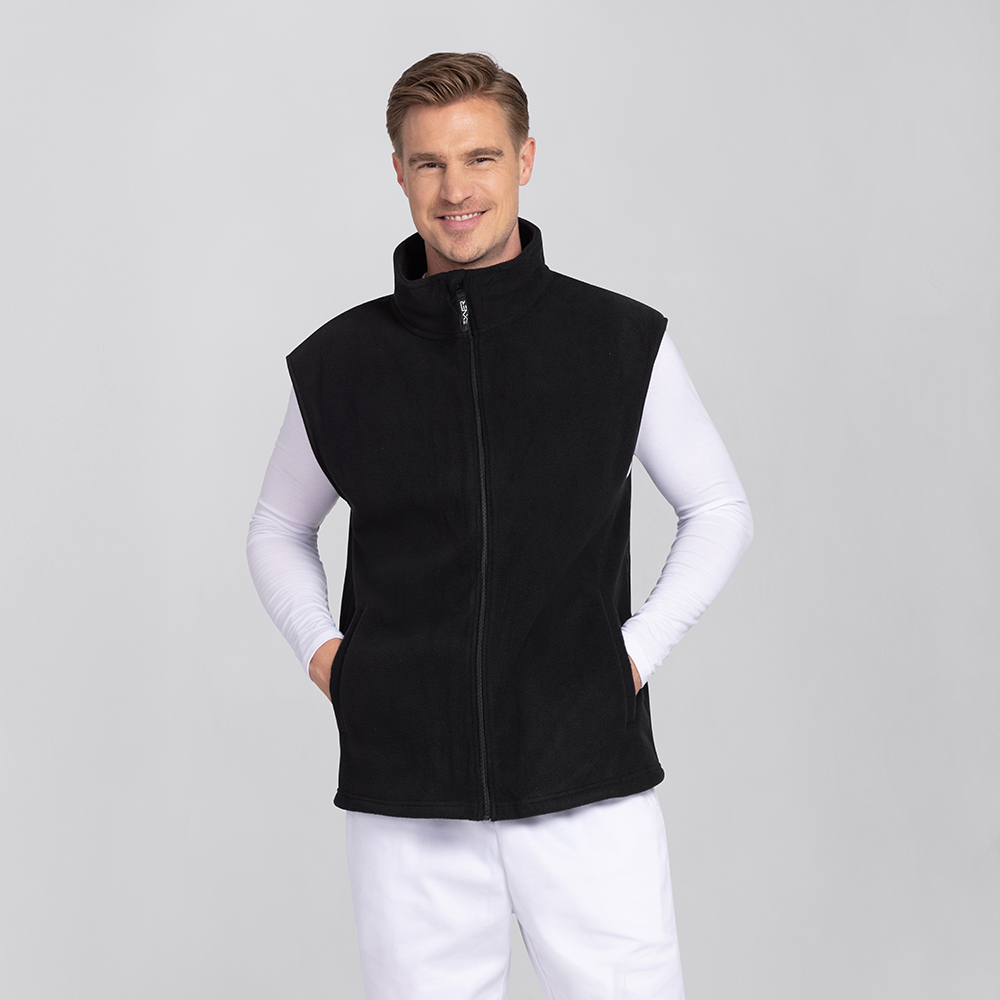 Herrenfleeceweste-komplettansicht,mit durchgenden Reissverschluss Zipper-exner-logo.