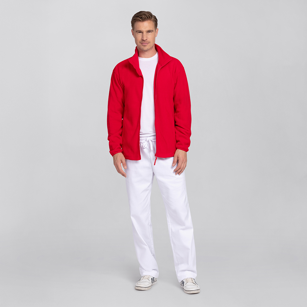 Herrenfleccejacke,komplettansicht,mit durchgehenden Reissverschluss,2 Seitentaschen,hohen Kragen.