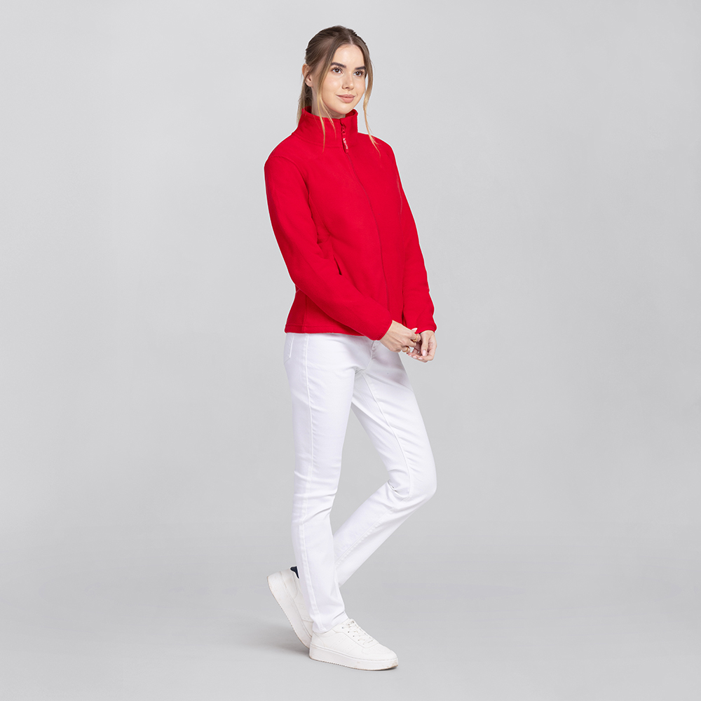 Damenfleecejacke,komplettansicht,mit 2 Seitentaschen und Reissverschluss.